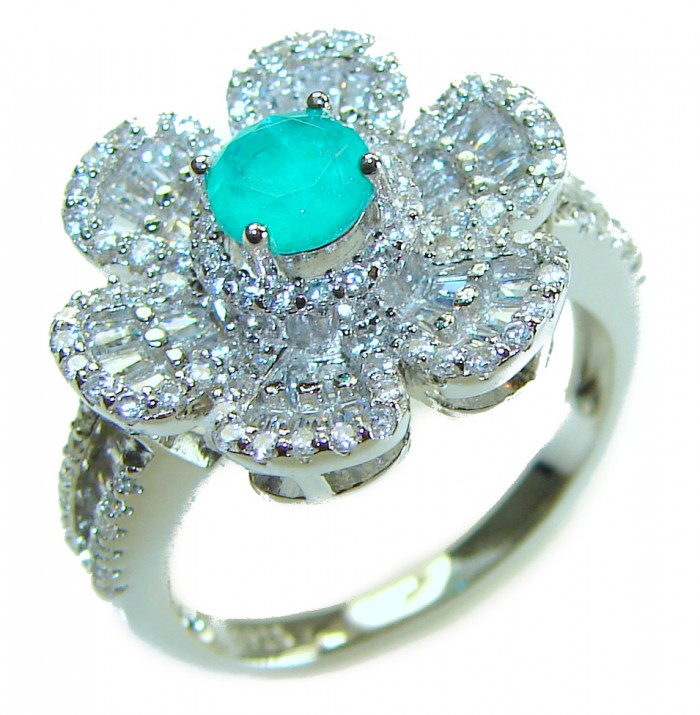 Luxurious oval Cut 0.5 ctw Paraiba Tourmaline .925 Sterling Silver handcrafted Statement Ring size 8 - Floral diamond ring with Paraiba tourmaline, top view, sterling silver setting.