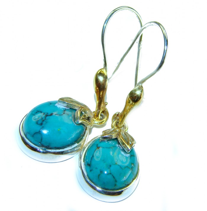 Authentic Turquoise 2 tones .925 Sterling Silver handcrafted Earrings - Close-up of turquoise stone earrings with sterling silver hooks.