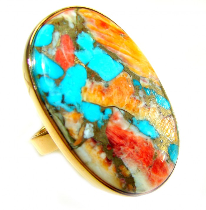 Rare 33.5 carat Oyster Turquoise 18K Gold over .925 Sterling Silver handcrafted Large ring; s. 7 adjustable - Close-up of rare Oyster Turquoise ring, 18K gold over .925 sterling silver.