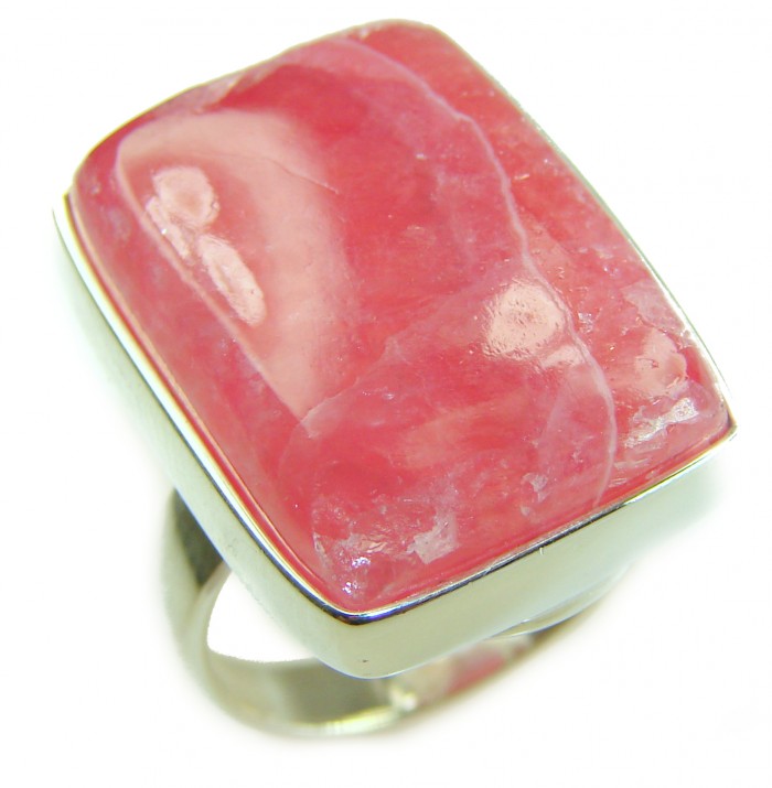 Strawberry Fields - 21.8 CARAT Argentinian Rhodochrosite .925 Sterling Silver handmade ring size 7 - Close-up of a Rhodochrosite ring with a rectangular stone.