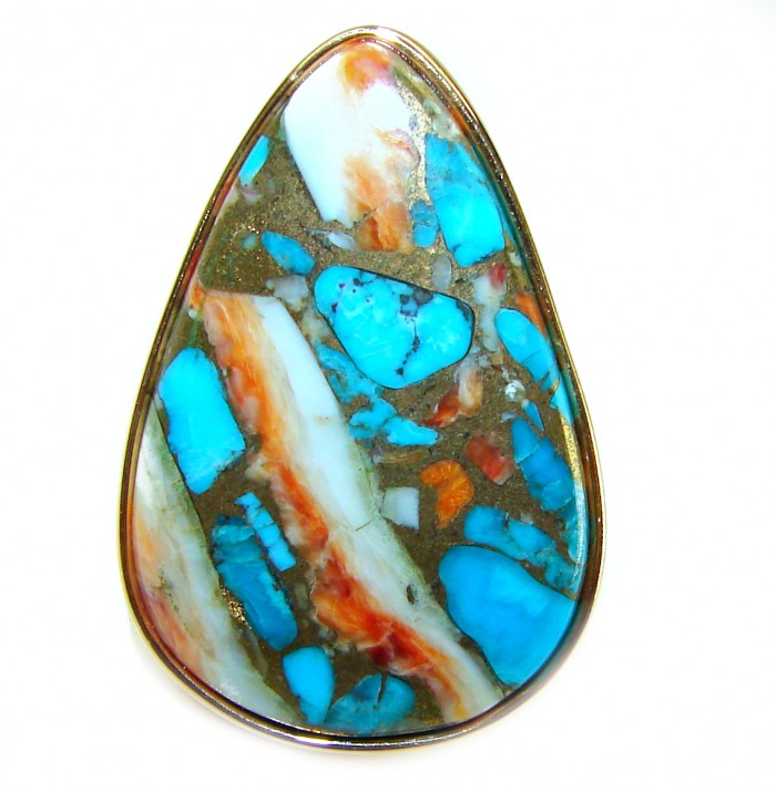 Huge Rare 39.5 carat Oyster Turquoise 18K Gold over .925 Sterling Silver handcrafted Large ring; s. 7 adjustable - Stone close-up of 39.5 carat Oyster Turquoise in 18K Gold setting.