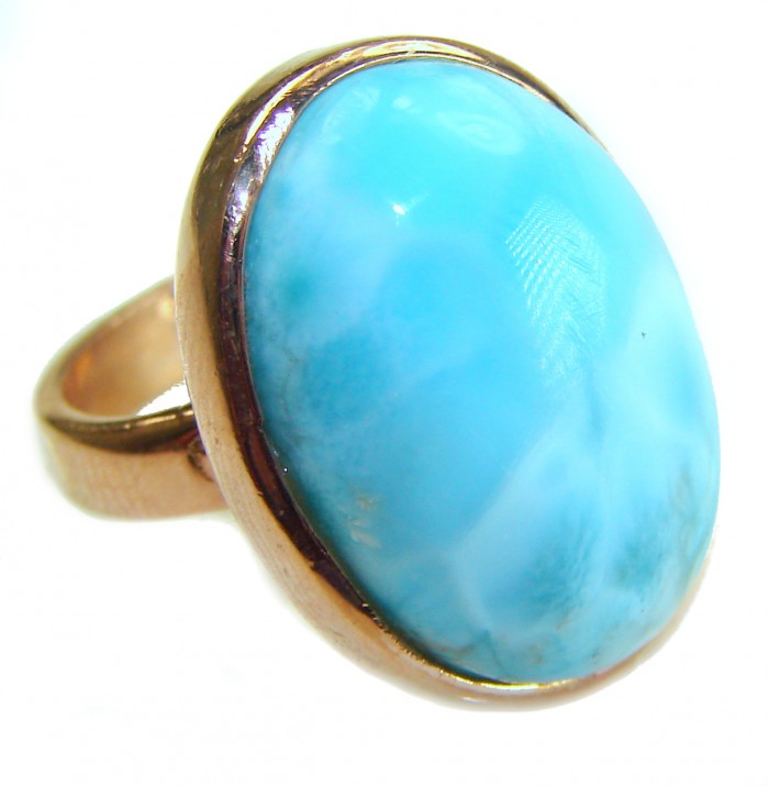 Blue Perfection AAAA QUALITY Blue Larimar 18K rose Gold over .925 Sterling Silver handmade Large ring size 8 adjustable - Blue Larimar ring in 18K rose gold, stone close-up.