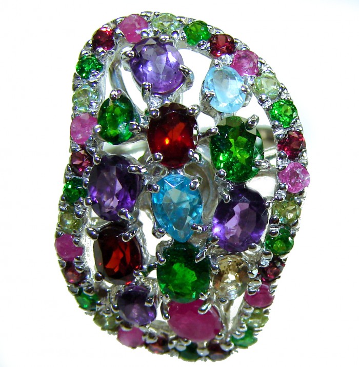 Fiesta Authentic 17.5 carat Multigem .925 Sterling Silver brilliantly handcrafted Large Ring size 8 3/4 - Colorful multigem ring close-up showing intricate gemstone arrangement