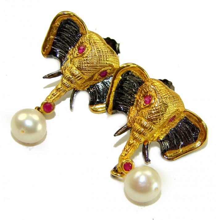 Elephant Authentic Ruby Pearl 2 tones .925 Sterling Silver handcrafted earrings - Elephant earrings with ruby accents and pearls, front close-up view