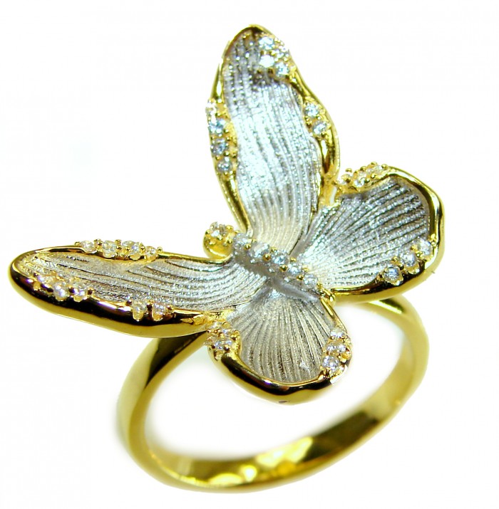 Golden Butterfly White Topaz highly polished 18K Gold over .925 Sterling Silver Italy made ring s. 8 - Butterfly ring in 18K gold with topaz detail, angled top view.
