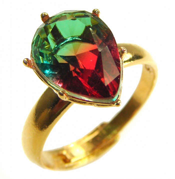 11.8 carat Brazilian Tourmaline .925 Sterling Silver dipped in 14K GoldPerfectly handcrafted Ring s. 8 adjustable - Close-up of 11.8 carat Brazilian tourmaline ring on gold band.