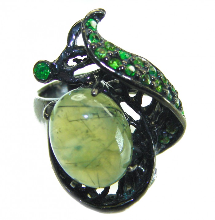 Best quality Prehnite black rhodium over .925 Sterling Silver handcrafted LARGE Ring Size 7 1/4 - Close-up of Prehnite ring with green stones on black rhodium setting.