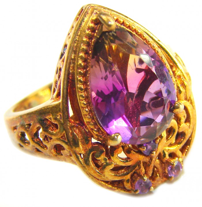 Incredible 14.5 carat Ametrine .925 Sterling Silver dipped in 18K Gold HANDCRAFTED Ring s. 9 1/4 - Close-up of ametrine ring in detailed gold-tone setting.