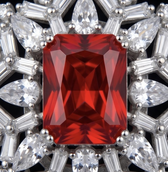 Antonia 4.5 carat Ruby .925 Sterling Silver handcrafted incredible Pendant - Ruby stone close-up with surrounding diamonds in sterling silver setting.