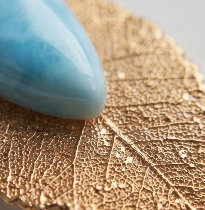Stylish REAL Leaf dipped in copper 14.5 carat Larimar .925 Sterling Silver and Copper Pendant - Close-up of Larimar stone on copper-dipped leaf jewelry detail.