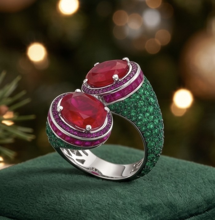 Giovanna Natural 8.6 carat Ruby pave Emerald .925 Sterling Silver dipped rhodium handmade Statement Ring size 6 1/4 - Side view of Giovanna Ruby and Emerald Sterling Silver ring.