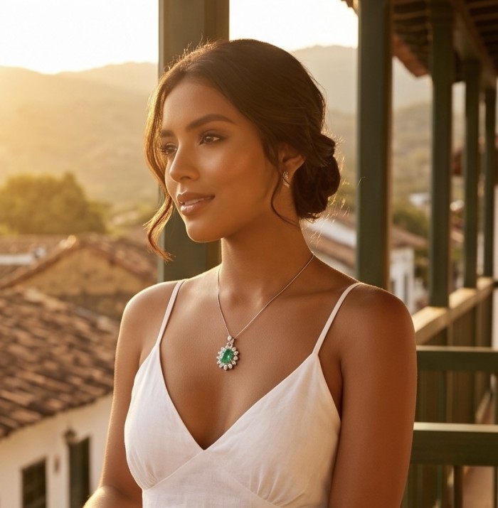 Isabella 3.8 carat Emerald .925 Sterling Silver Perfectly handcrafted pendant - Woman wearing Isabella 3.8 ct Emerald pendant in sunlight, side view.