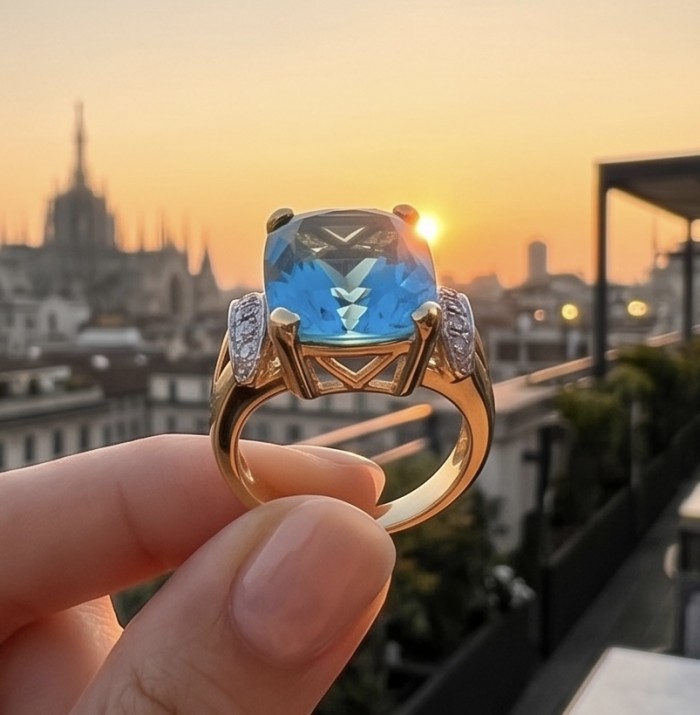 Paradise Natural 27.8 carat Swiss Blue Topaz .925 Sterling Silver dipped in 22K Gold handmade Large Statement Ring size 7 3/4 - Close-up of Paradise Natural 27.8-carat Swiss Blue Topaz ring at sunset.
