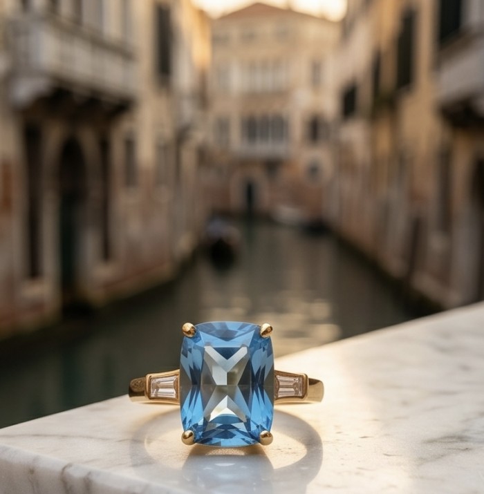 Angelina 9.4 carat authentic Swiss Blue Topaz .925 Sterling Silver dipped in 18k Gold Handcrafted Ring size 6 - Close-up of Angelina Swiss Blue Topaz ring on a marble ledge.