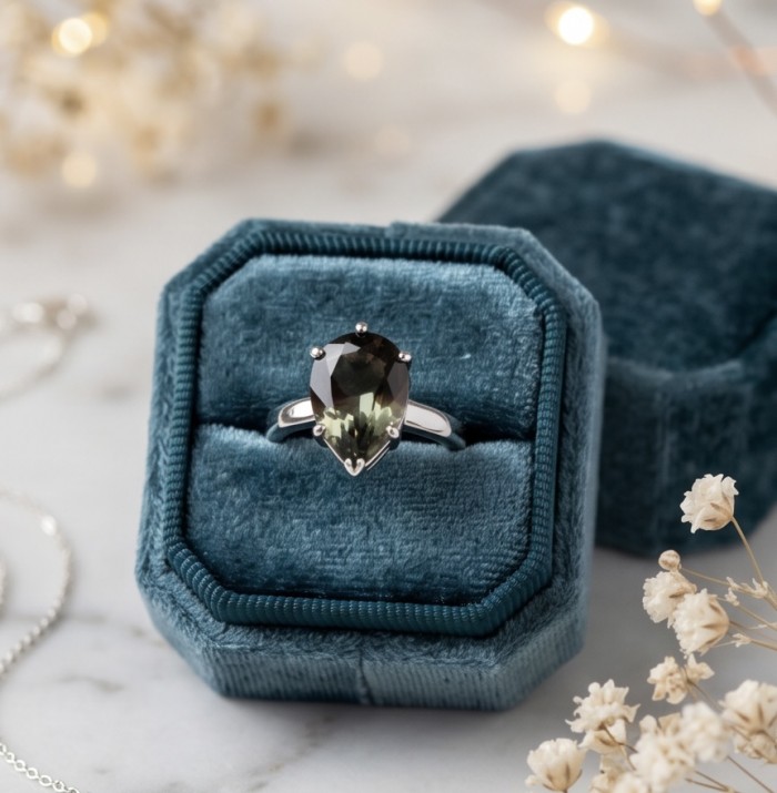 From dawn to dusk authentic 11.2 carat Brazilian Smoky Topaz .925 Sterling Silver Perfectly handcrafted Ring s. 8 - Smoky topaz ring in blue box, front view with decorative flowers