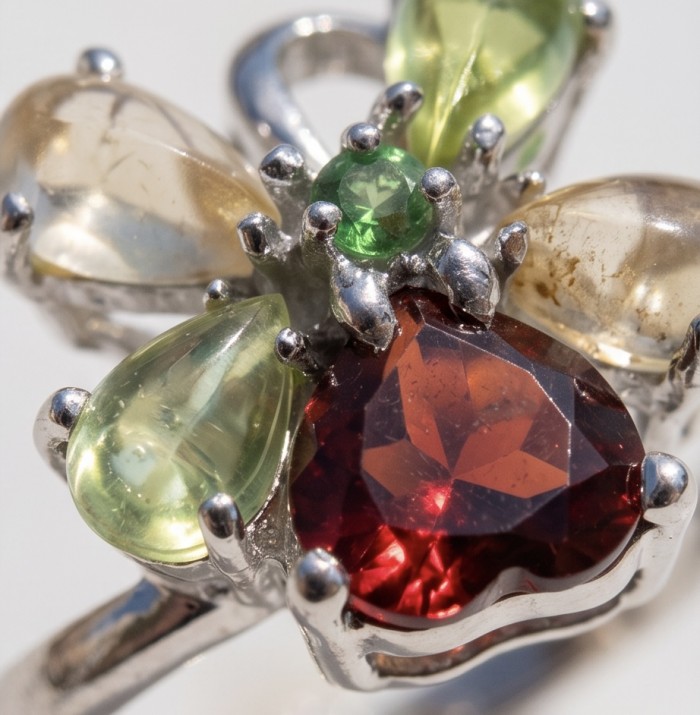 Flower 9.5 carat Multigem .925 Sterling Silver Handcrafted Ring size 7 - Close-up of flower multigem sterling silver ring detailing stones