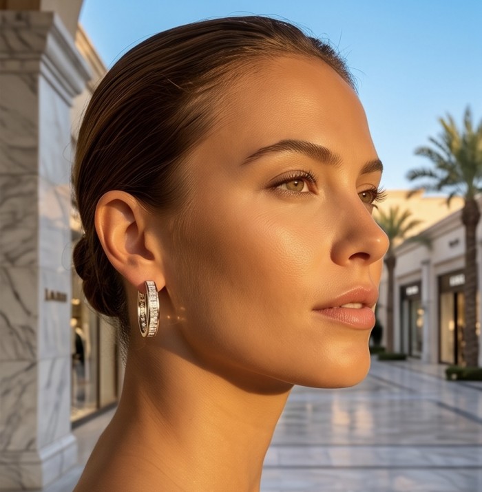 Allure Natural 8.2 carat White Topaz .925 Sterling Silver handcrafted hoop earrings - Side view of person wearing Allure Natural 8.2 carat white topaz earrings