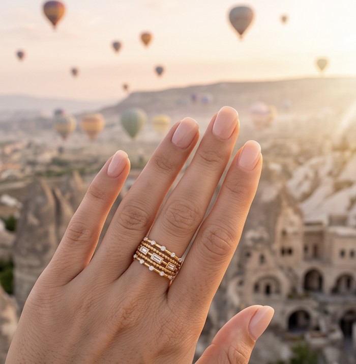 Luxurious 3.8 carat White Topaz Gold over .925 Sterling Silver handcrafted Statement Ring size 7 1/2 - Hand wearing Luxurious 3.8 carat White Topaz Gold ring, hot air balloons behind