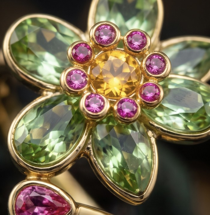 Summer flower 6.5 carat genuine Green Topaz 14K Gold over .925 Sterling Silver handmade Statement Ring size 8 - Close-up of Summer Flower Green Topaz 14K Gold jewelry.