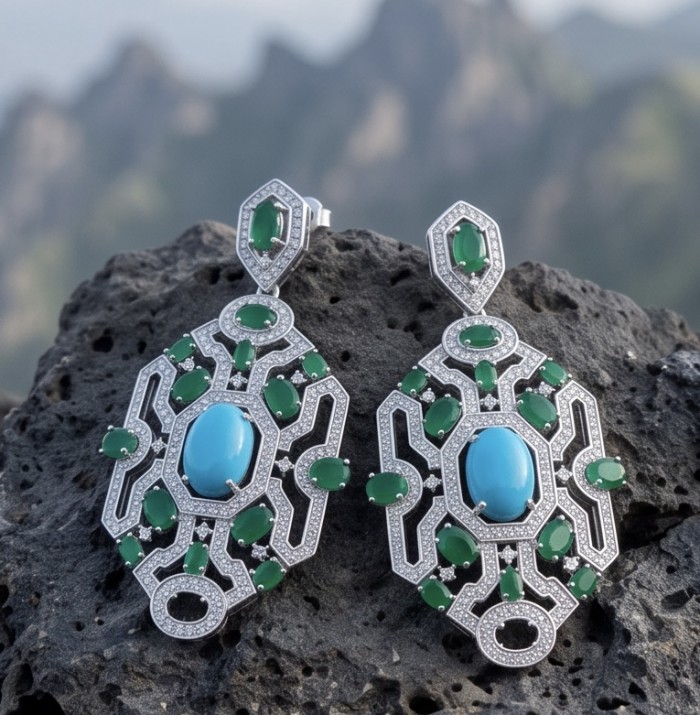 Art Deco - Pacifica - 58.8 carat Turquoise Emerald .925 Sterling Silver handmade Statement LONG Earrings - Close-up of Art Deco earrings with turquoise and emerald stones.