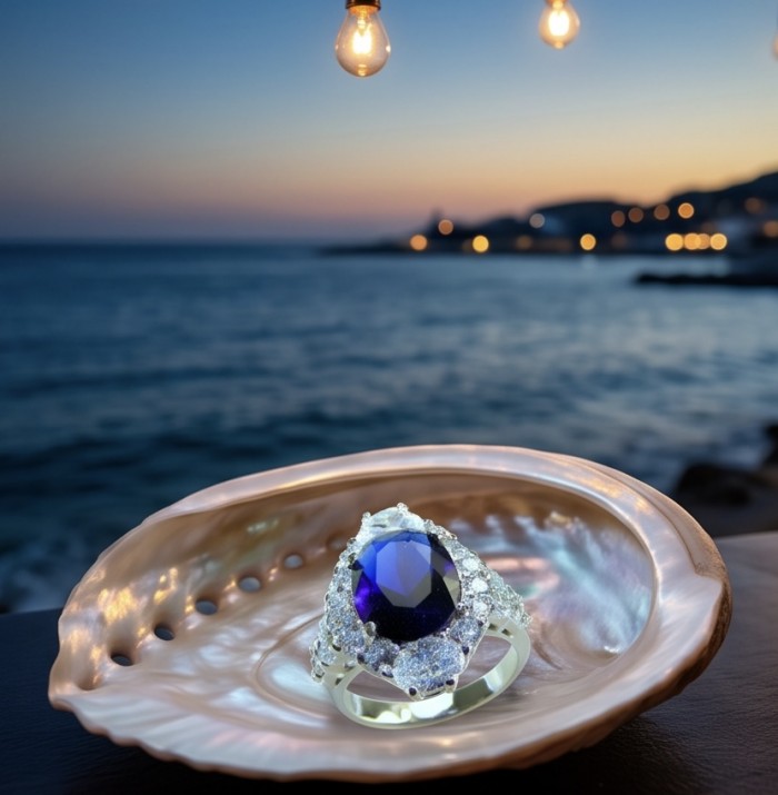 Stella oval cut 9.5 carat Sapphire .925 Sterling Silver handmade Statement ring size 7 - Sapphire ring on shell with ocean sunset background, close-up.