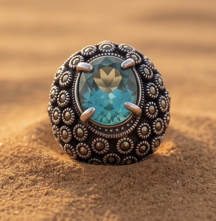 Massive Deep Blue 18.8 carat Aquamarine Marcasite .925 Sterling Silver handcrafted ring size 8 - Close-up of aquamarine silver ring with detailed marcasite design