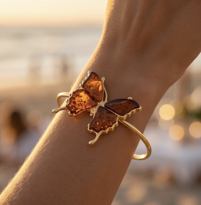 Golden Butterfly Genuine carved Baltic Amber .925 Sterling Silver dipped in 18K Gold handamde Bracelet - Golden butterfly amber bracelet worn on wrist, beach background.