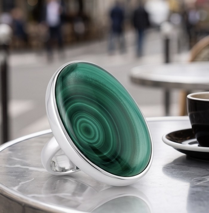 Green River 33.2 CARAT genuine Malachite from Utah .925 Sterling Silver handcrafted ring size 8 adjustable - Side view of Green River malachite ring on table, silver band visible.