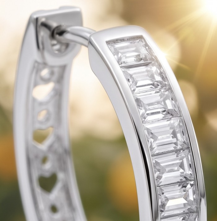 Allure Natural 8.2 carat White Topaz .925 Sterling Silver handcrafted hoop earrings - Side view of Allure white topaz sterling silver hoop earring.