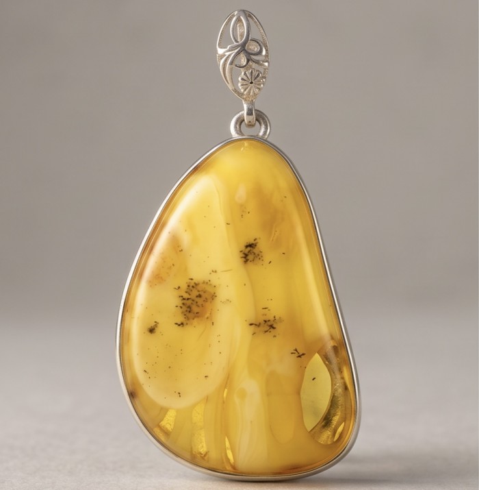 Prehistoric Authentic Golden Butterscotch Baltic Amber .925 Sterling Silver beautifully handcrafted Pendant - Close-up of Golden Butterscotch Baltic Amber pendant with silver bail.