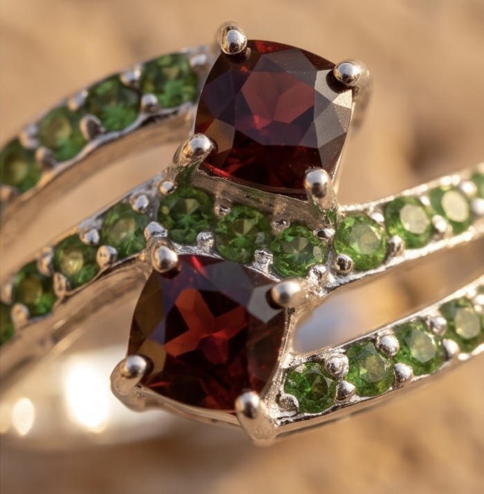 Passion 4.1 carat natural Garnet rhodium over .925 Sterling Silver Handcrafted Ring size 8 - Stone close-up of garnet ring with green accents on sterling silver.