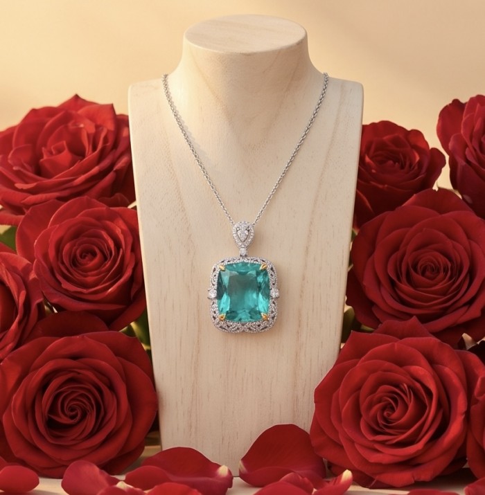 Wonderland 31.3 carat fancy baquette cut Paraiba Tourmaline 2 tones .925 Sterling Silver Handcrafted Statement necklace - Paraiba Tourmaline necklace on display surrounded by red roses.