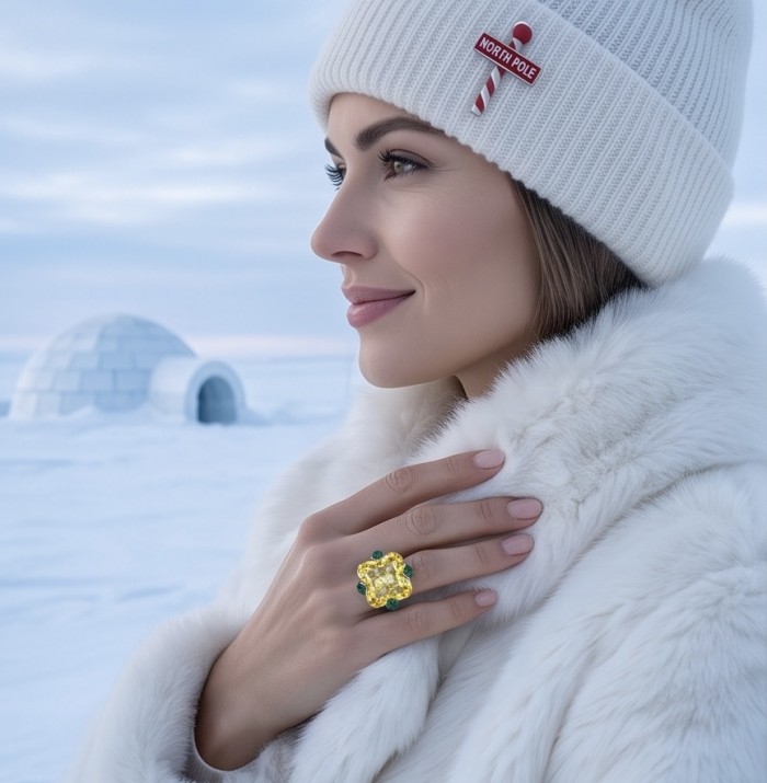 Solid 14.8 carat asscher Yellow Sapphire 4.2 carat pave Emerald .925 Sterling Silver handcrafted ring size 8 - Yellow sapphire ring worn on hand in snowy background