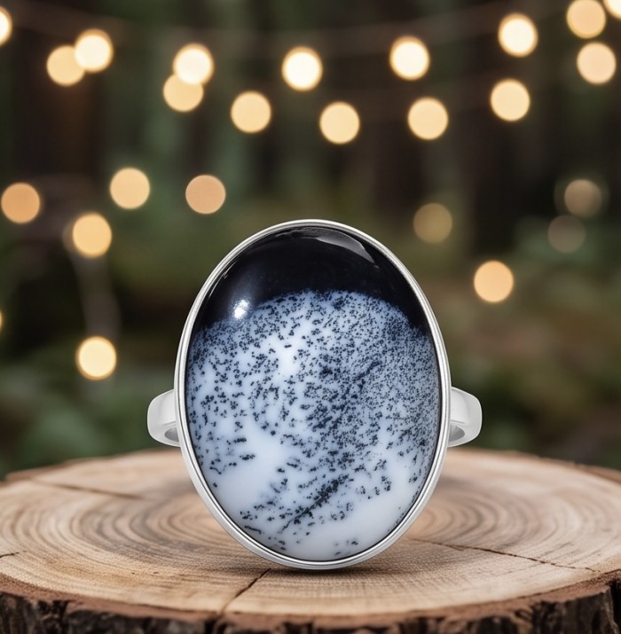 LARGE Top Quality Dendritic Agate .925 Sterling Silver handcrafted Ring s. 7 adjustable - Close-up of dendritic agate ring on a wooden surface with lights background.