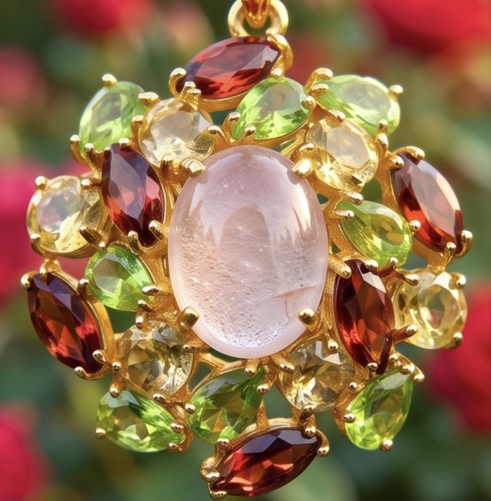 Angelina - Top quality 18.9 carat Brazilian Rose Quartz .925 Sterling Silver dipped in 18K Gold Handcrafted pendant - Close-up of Angelina pendant with rose quartz and colorful gemstones
