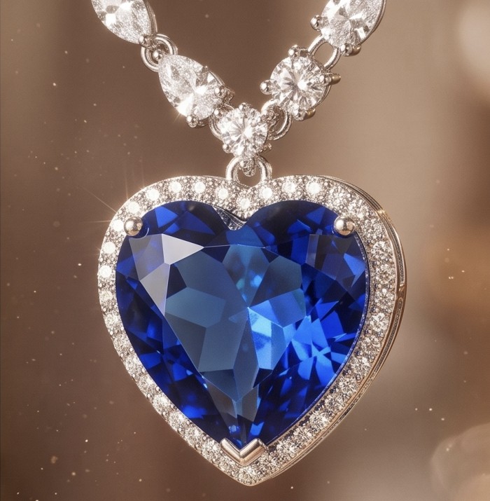 Titanic - Heart of The Ocean Necklace ~ 24.5 Ct Blue Sapphire Necklace In 925 Sterling Silver necklace - Close-up of Titanic Heart of the Ocean necklace with blue sapphire.