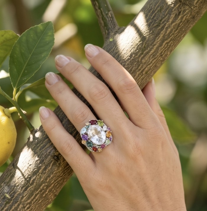 Dolce Vita - Natural 32.8 carat White Topaz .925 Sterling Silver dipped in rhodium handcrafted Statement LARGE ring; s. 8 - Worn on hand, vibrant gemstone ring with large white topaz centerpiece.