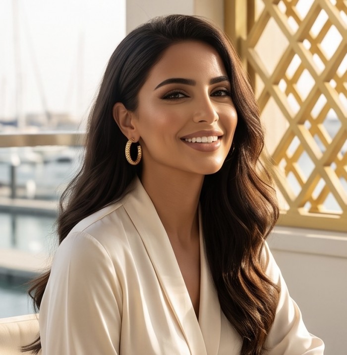 Black Label Collection - Dubai Style - Natural 22K Gold over .925 Sterling Silver handmade earrings - Woman wearing Dubai Style 22K gold hoop earrings, side view.