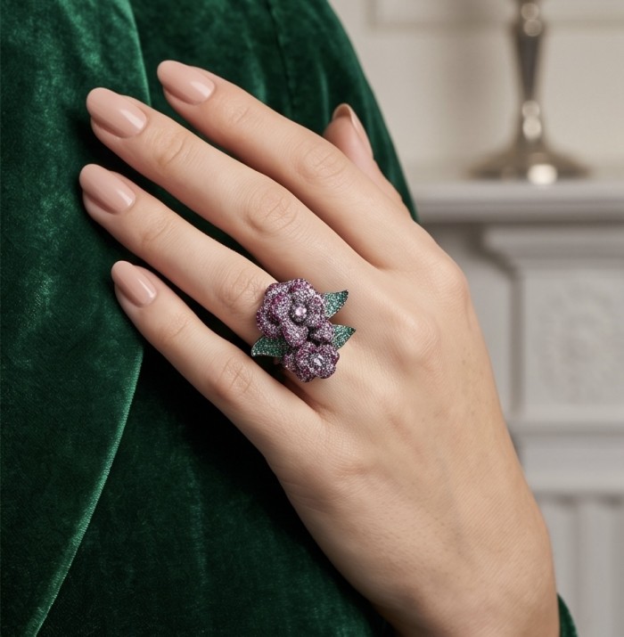 Wild Roses Authentic 3.5 carat pave Ruby 1.9 carat Emerald .925 Sterling Silver brilliantly dipped in black rhodium handcrafted Statement ring; s. 8 1/4 - Wild Roses ring, 3.5 ct ruby, 1.9 ct emerald, worn on hand angle.