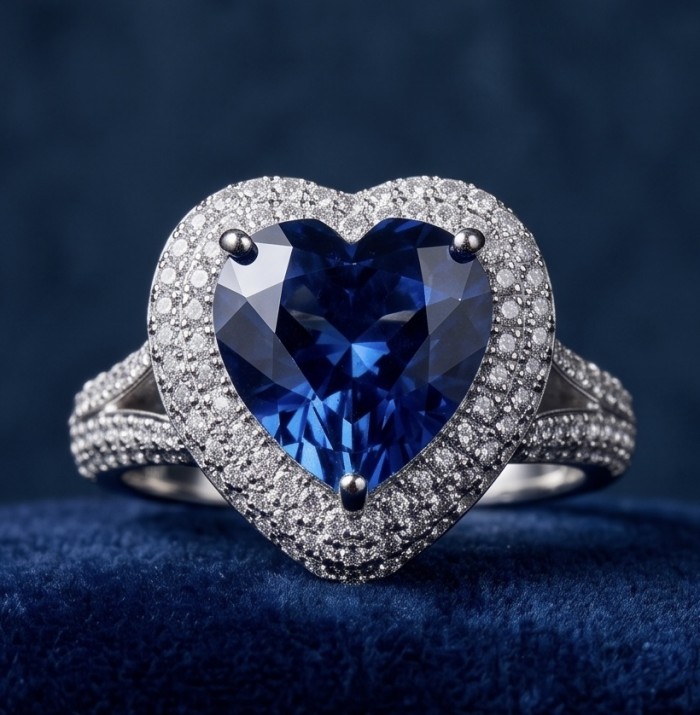 Ocean's Heart - Luxurious 7.8 carat Sapphire .925 Sterling Silver handcrafted Ring size 7 - Heart-shaped sapphire ring stone close-up on a blue velvet background.