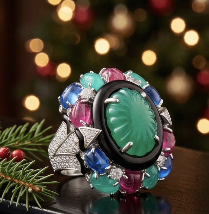 Iconic design - Natural 41.5 carat carved Emerald Ruby Sapphire rhodium over .925 Sterling Silver handcrafted ring size 7 1/4 - Close-up of carved emerald ring with ruby and sapphire details.