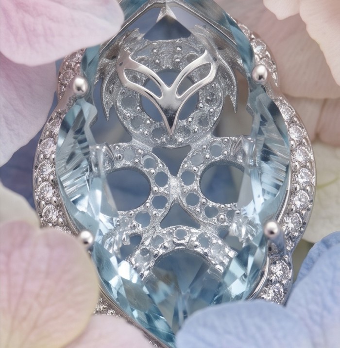 11.7 carat Grandidierite .925 Sterling Silver Handcrafted .925 Sterling Silver handmade Pendant - Close-up of 11.7 carat Grandidierite in sterling silver setting.