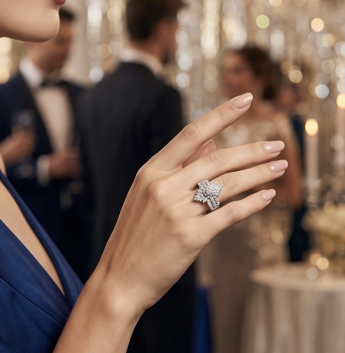 Elizabeth 4.2 carat Moissanite .925 Sterling Silver dipped in Rhodium handcrafted Ring size 6 1/2 - Moissanite ring worn on hand at an elegant event background