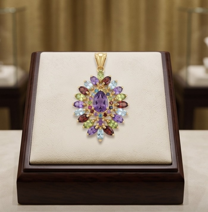 Mademoiselle - 15.5 carat natural Amethyst .925 Sterling Silver dipped in 18K Gold handcrafted Pendant - Ornate pendant with amethyst and multicolored gemstones, front view.