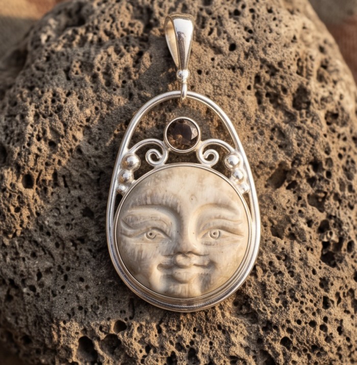 Moonface Carved Ox Bone Silver Pendant - photo 3