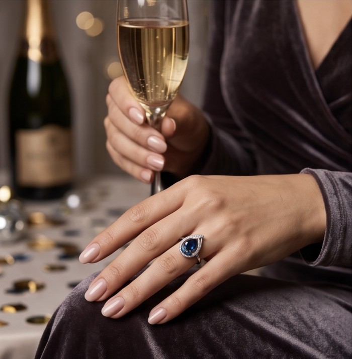 Classy design - baquette cut 6.7 carat natural Sapphire .925 Sterling Silver Perfectly handcrafted Ring s. 7 1/4 - Worn on hand, sapphire ring with champagne glass in elegant setting.
