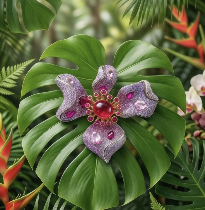 Exotic Flower - RARE FINDING - 7.7 carat Authentic Ruby 22k Gold over .925 Sterling Silver handcrafted Pendant Brooch - Exotic Flower brooch on leaf, showcasing 7.7 carat ruby centerpiece