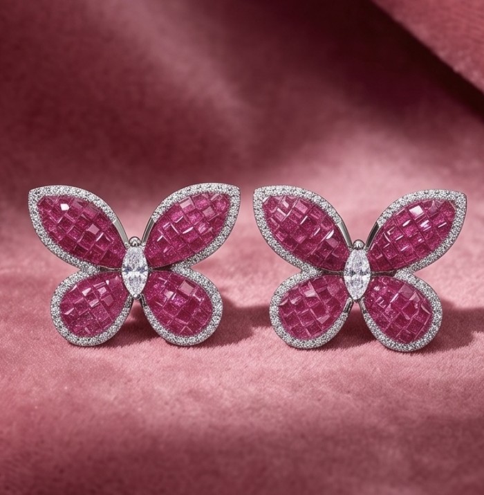 Real Beauty natural 22.5 CARAT Ruby Butterflies .925 Sterling Silver Large handcrafted earrings - Butterfly ruby earrings on velvet background, front view.