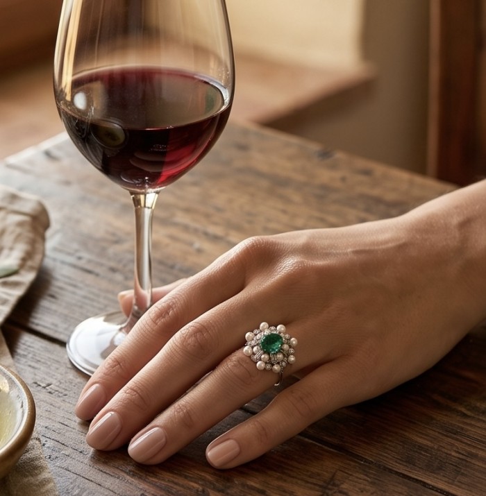 Authentic 7.5 CARAT natural Colombian Emerald 4.2 Moissanite .925 Sterling Silver handcrafted Ring size 7 - Emerald and moissanite ring worn on hand beside a glass of red wine.