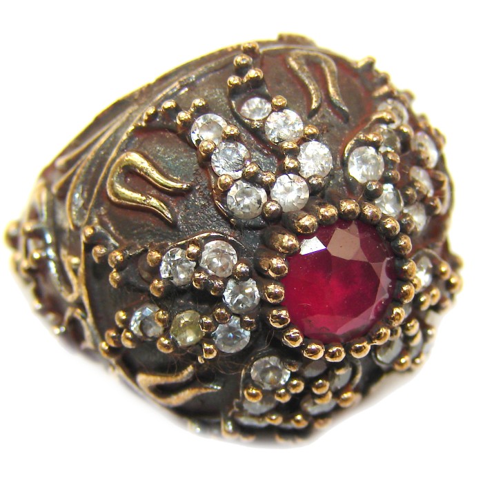 Large Victorian Style created Ruby & White Topaz Sterling Silver ring; s. 5 1/2 - photo 1